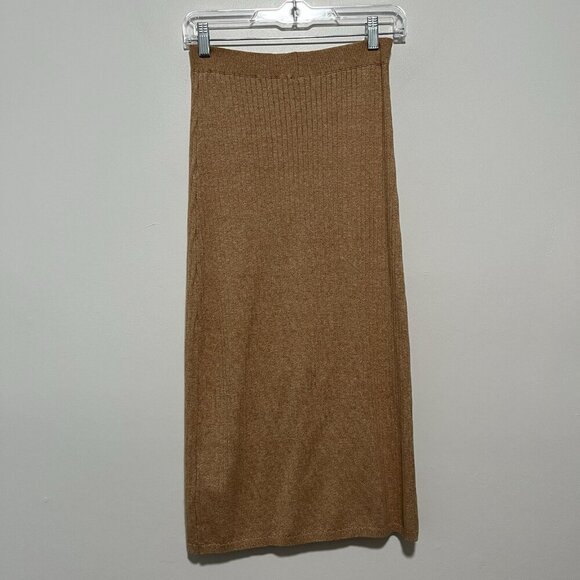 Free People‎ Skyline Midi Ribbed Front Slit Stretchy Skirt in Tan Size Small - Picture 6 of 8